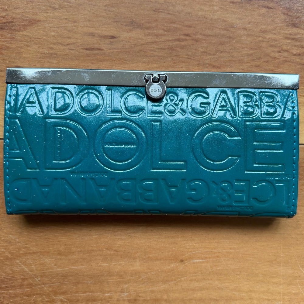 Dolce & Gabb Embossed Logo Green Clutch Wallet